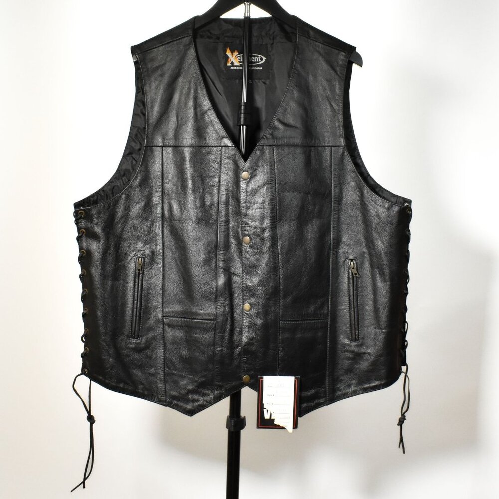 Xelement Men's Black Leather Motorcycle Vest Side Laces 10 Pockets Biker 3XL NEW